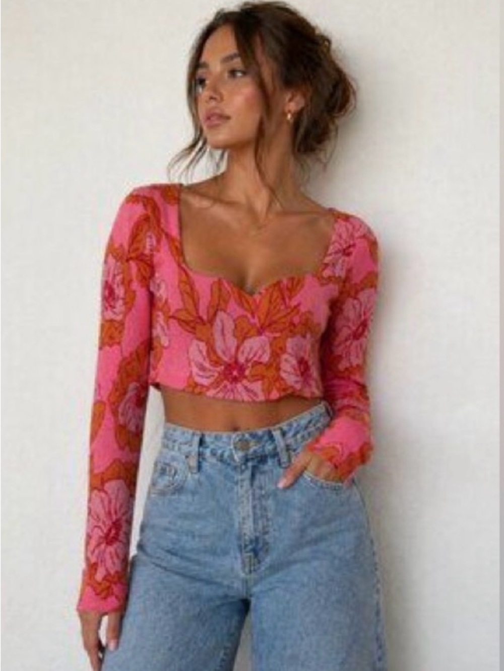 Zara Pink & Orange Floral Jacquard Knit Crop Top